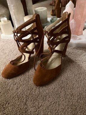 Marc Fisher Tan Suede Lace-Up Cutout Heels